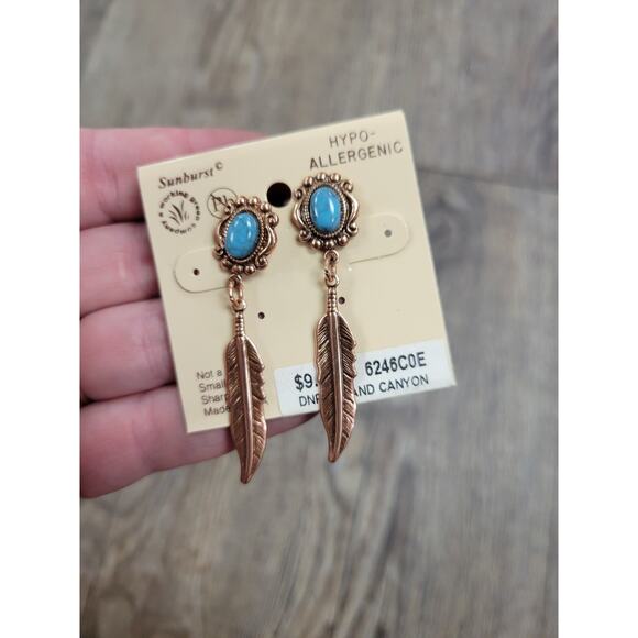 Grand Canyon Copper Feather Turquoise Long Drop Earrings NEW Made in USA - Picture 1 of 4